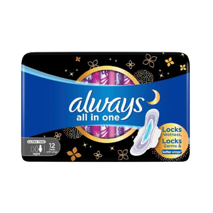 Always All in - 1 Ultra Thin, Night Sanitary Pads W/ Wings 12 Count