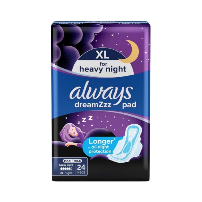 Always Clean & Dry Maxi Thick, Night Sanitary Pads with Wings, 24 Count