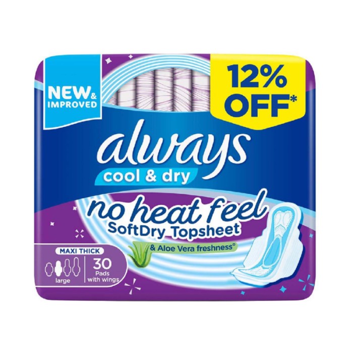 Always Cool & Dry, Maxi Thick, Large Sanitary Pads with Wings, 30 Pads