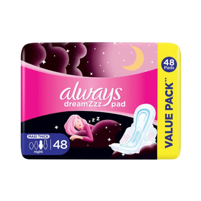 Always Cottony Soft Maxi Thick, Night Sanitary Pads with Wings, 48 Count