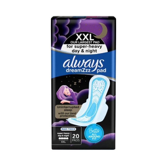 Always Dreamzz Pad Clean & Dry Maxi Thick, Night Long Sanitary Pads W/ Wings 20 Count