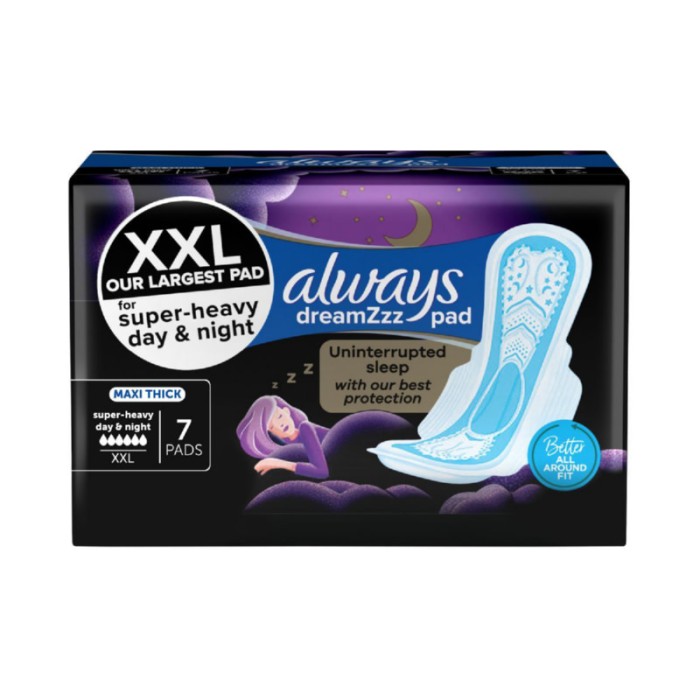 Always Dreamzz Pad Clean & Dry Maxi Thick, Night Long Sanitary Pads W/ Wings 7 Count