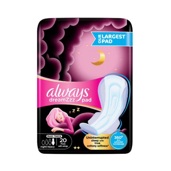 Always Dreamzz Pad Cotton Soft Maxi Thick, Night Long Sanitary Pads W/ Wings 20 Count