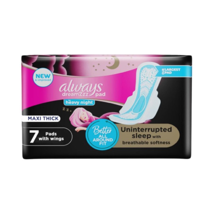 Always Dreamzz Pad Cotton Soft Maxi Thick, Night Long Sanitary Pads W/ Wings 7 Count