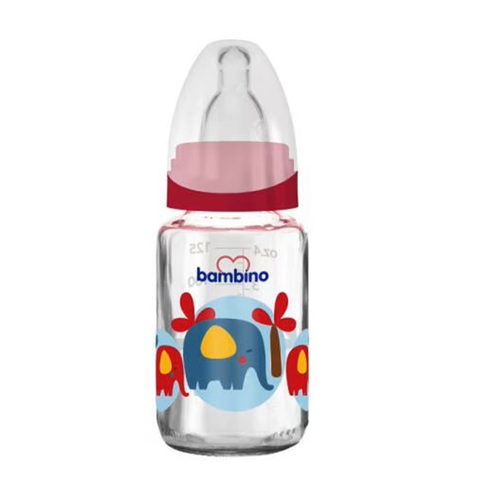 Bambino Classic Glass Feeding Bottle Orthodontic 125 ml Red