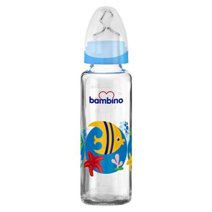 Bambino Classic Glass Feeding Bottle Orthodontic 225 ml Blue