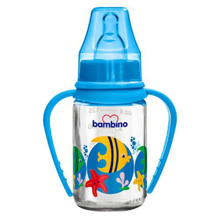 Bambino Classic Glass Feeding Bottle With Grip 125 ml Blue