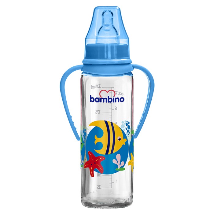 Bambino Classic Glass Feeding Bottle With Grip 225 ml Blue