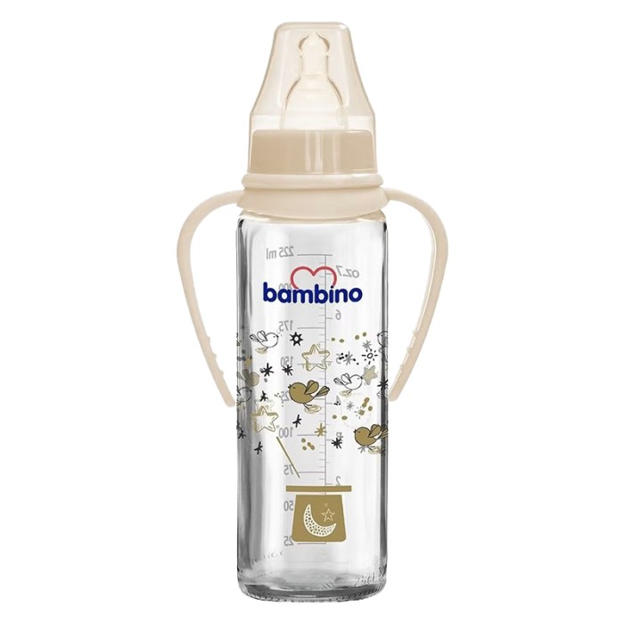Bambino Classic Glass Feeding Bottle With Grip 225 ml Offwhite