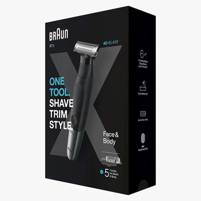 Braun Hybrid Trimmer Face & Body With 4D Flex Blade, Waterproof, 5 Combs, Pouch, Black / Silver