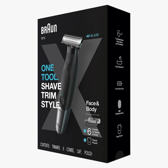 Braun Hybrid Trimmer Face & Body With 4D Flex Blade, Waterproof, 6 Combs, Pouch, Black / Silver