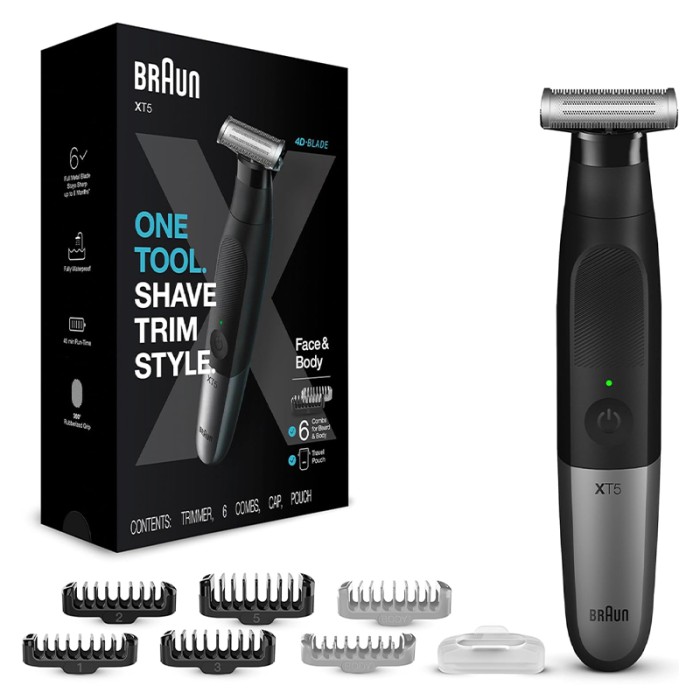 Braun Hybrid Trimmer Face & Body With 4D Flex Blade, Waterproof, 6 Combs, Pouch, Black / Silver