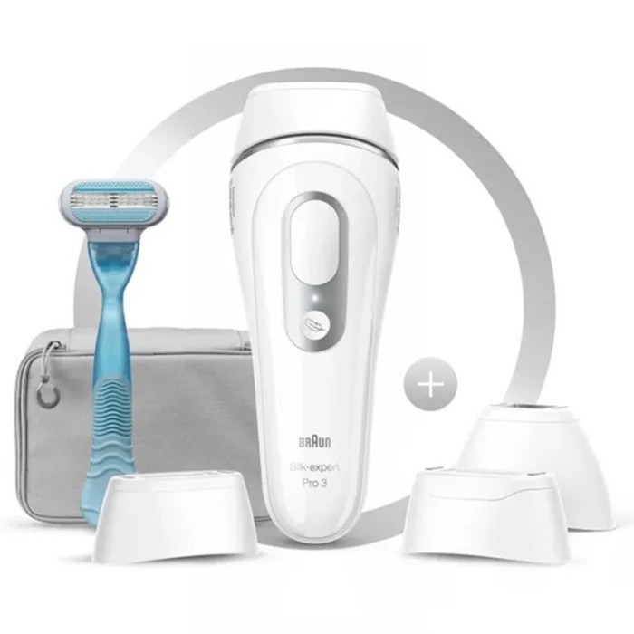 Braun Silk Expert Pro 3 IPL Hair Removal Device With 4 Extras Wide Head, Precision Head, Venus Razor, Zip Pouch