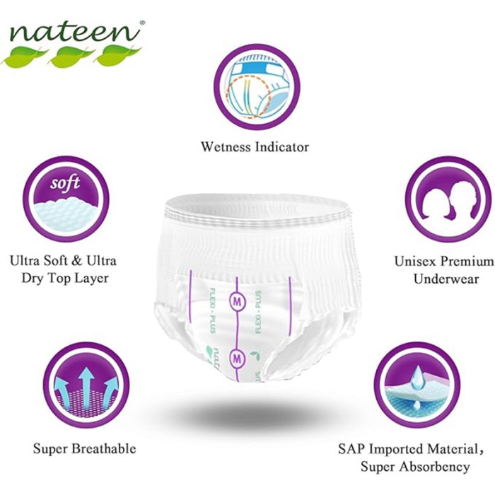 Nateen Flexi Ultra Adult Diapers Pants Size M, 10 Pcs