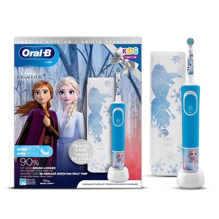 Oral B Kids 3+ Years Frozen Rechargeable Toothbrush, Round Brush Head & Extra Soft Bristles with Travel case