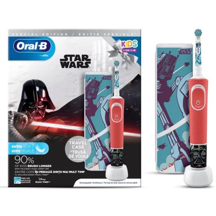 Oral B Kids 3+ Years Star Wars Rechargeable Toothbrush, Round Brush Head & Extra Soft Bristles with Travel case