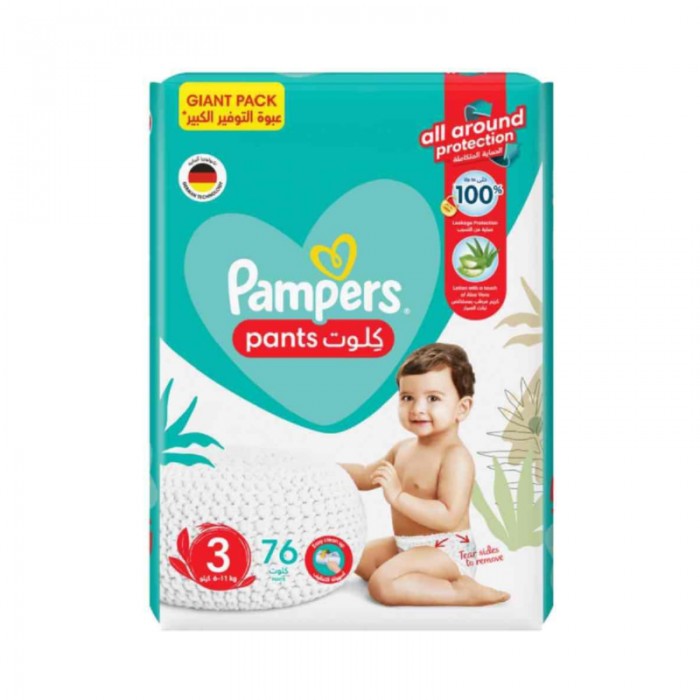 Pampers Baby - Dry Pants Diapers with Aloe Vera Lotion, 360 Fit, Size 3, 6 - 11kg, Giant Pack, 76 Count