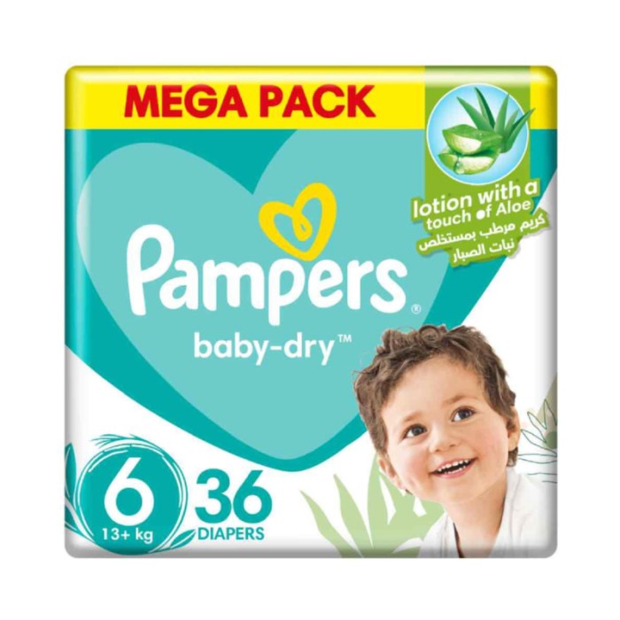 Pampers Baby - Dry Taped Diapers with Aloe Vera Lotion, Leakage Protection, Size 6, 13+kg, 36 Count