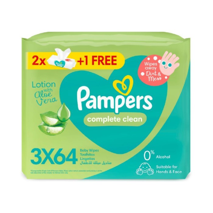 Pampers Complete Clean Baby Wipes w/ Aloe Vera Lotion, 2+1 Packs, 192 Wipe Count