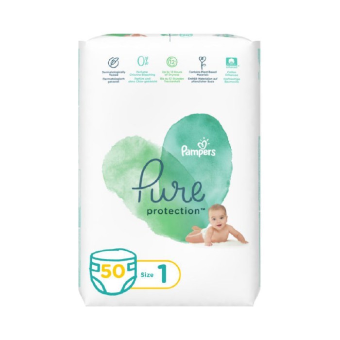Pampers Pure Protection Diaper - Size 1, 2 - 5kg, 50 Diapers