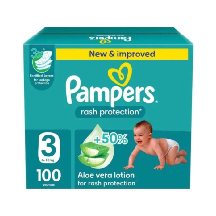 Pampers Rash Protection Baby Diapers - Jumbo Box - Size 3 - 6 - 10 Kg - 100 Count