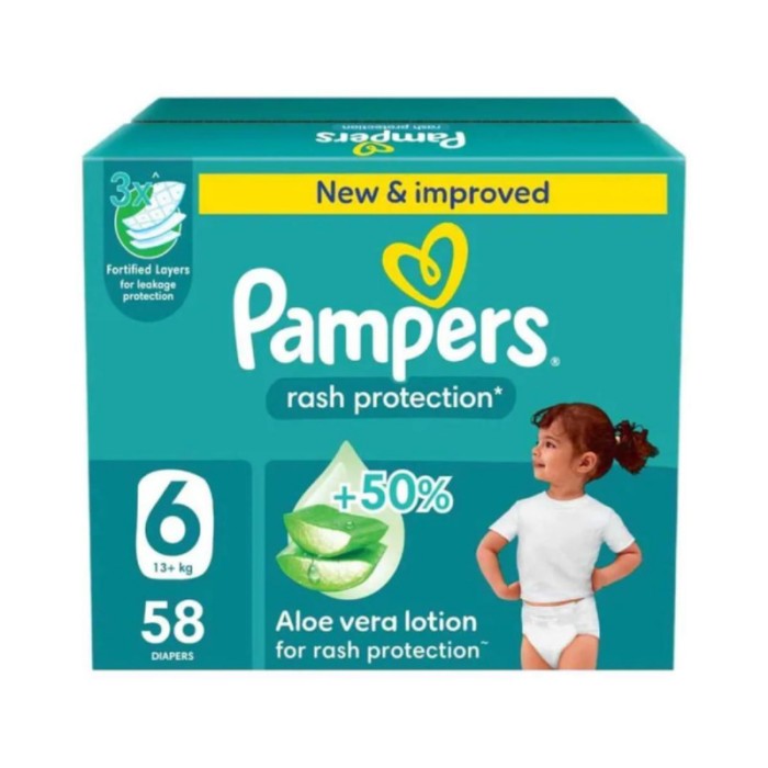 Pampers Rash Protection Baby Diapers - Jumbo Box - Size 6 - 13+ Kg - 58 Count