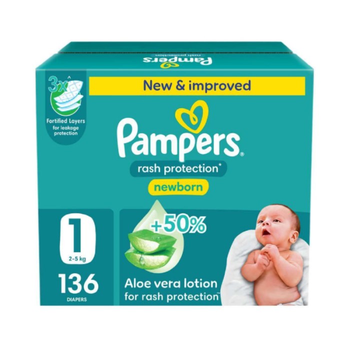 Pampers Rash Protection Taped Diapers - Size 1 - 2 - 5 kg - 136 Count