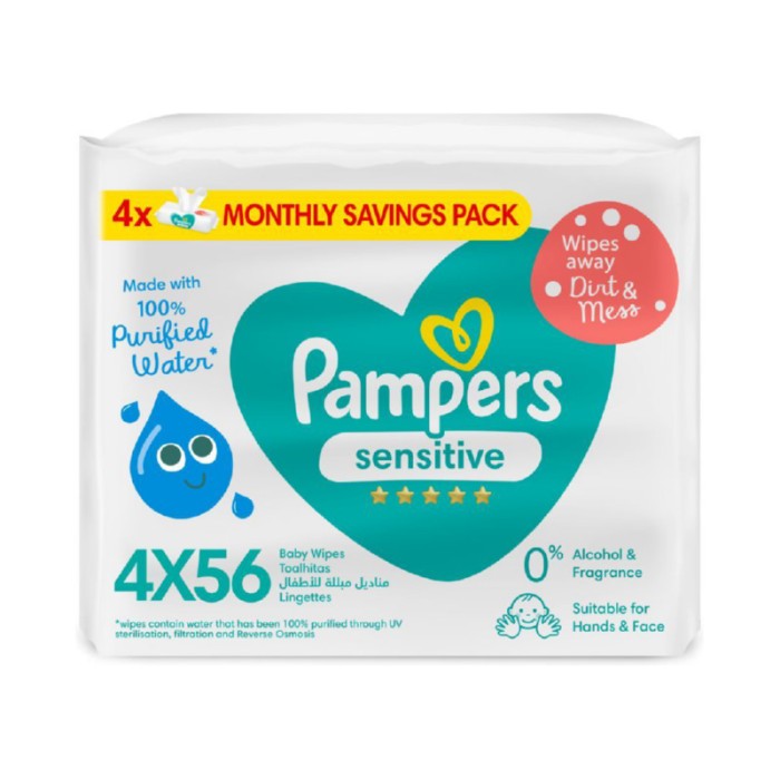 Pampers Sensitive Protect Baby Wipes for Hands and Face, 4 Packs, 224 Count