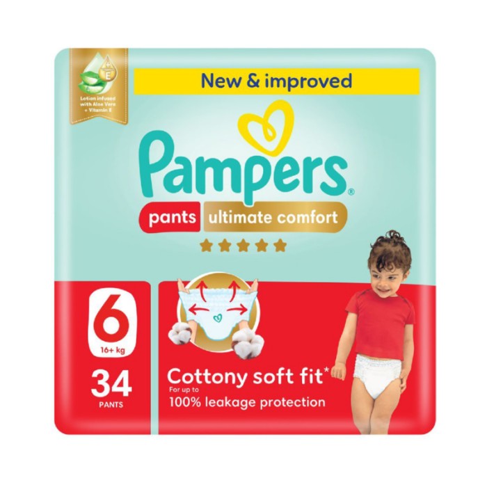 Pampers Ultimate Comfort Diapers Pants With Aloe Vera And Vitamin E - Size 6 - 16 - 21kg - 34 Pcs