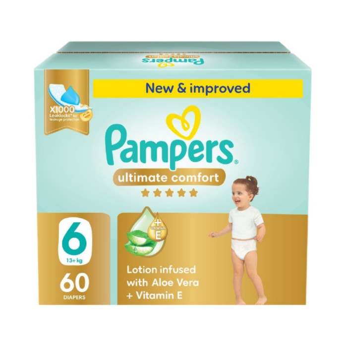 Pampers Ultimate Comfort Taped Diapers - Giant Saving Box - Size 6 - 13 Plus kg - 60 Pcs