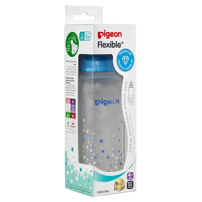Pigeon Flexible Streamline Plastic Blue Bottle Decorated 250ml