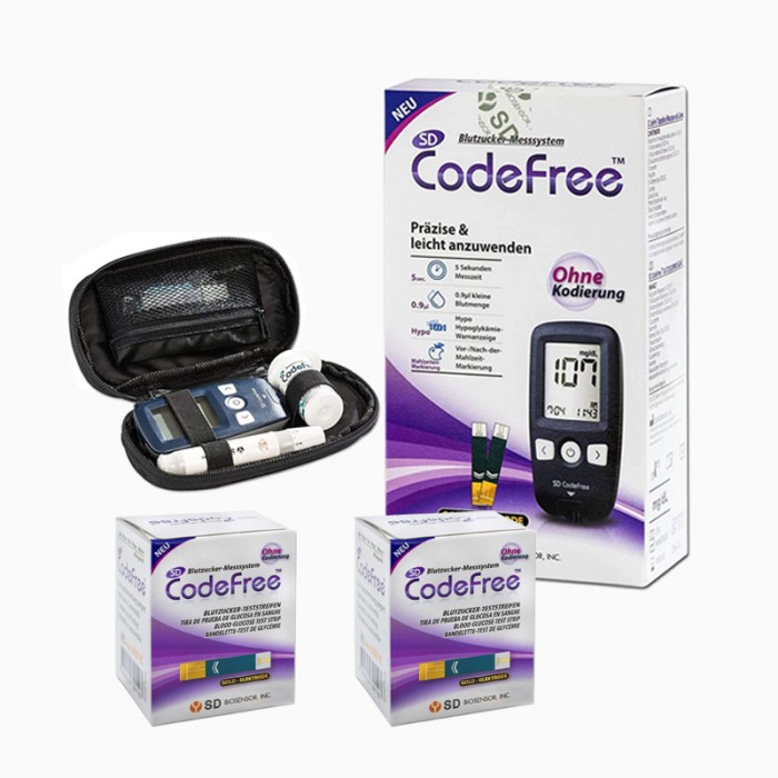 SD BIOSENSOR Codefree Special Offer Blood Glucose Meter with a pack containing 25 test strips plus two packs of 100 test strips each