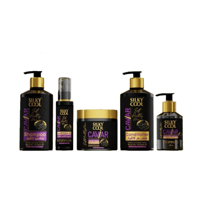 Silky Cool Caviar Hair Care Set – 5-Piece Nourishing Treatment with Caviar Shampoo, Conditioner, Hair Mask & Serums for Shine, Strength & Repair