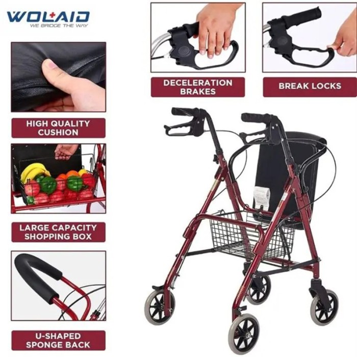 WOLAID Rollator Aid Elderly Folding Walker With Seat