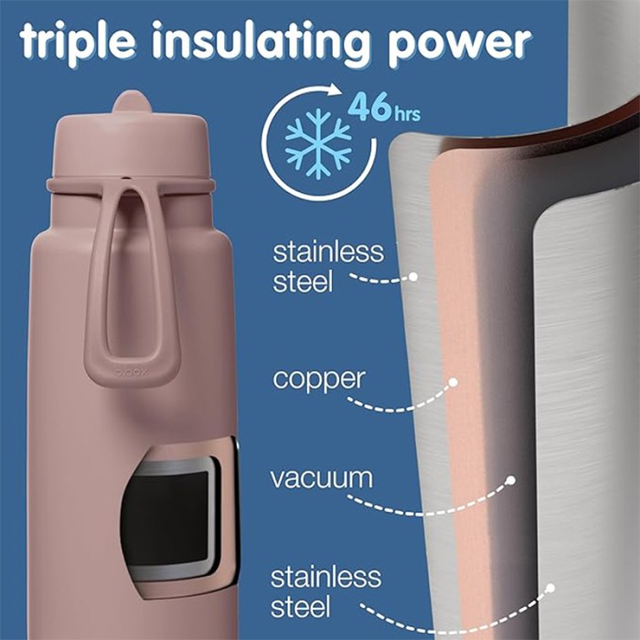 b.box 1L Insulated Flip Top Bottle, Triple Wall Stainless Steel, Cold up to 46hrs, Berry Smoothie