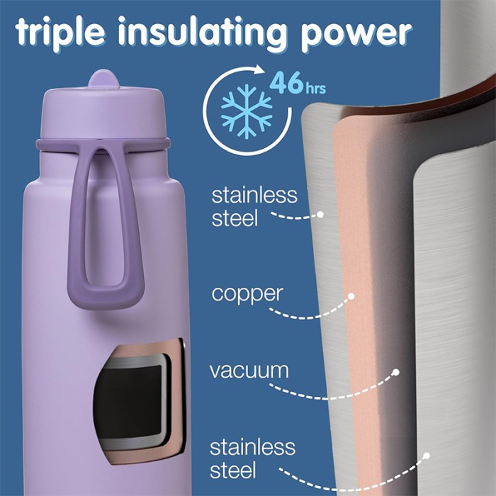 b.box 1L Insulated Flip Top Bottle, Triple Wall Stainless Steel, Cold up to 46hrs, Lilac Love