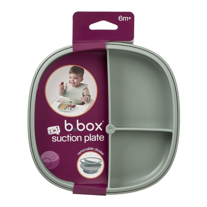 b.box 2 in 1 Suction Plate, Strong Suction Base, Removable Divider, Sage