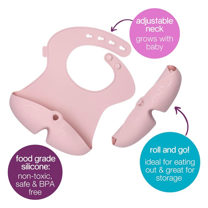 b.box Silicone Bib, Stay Open Catcher, Adjustable Fit, Blush