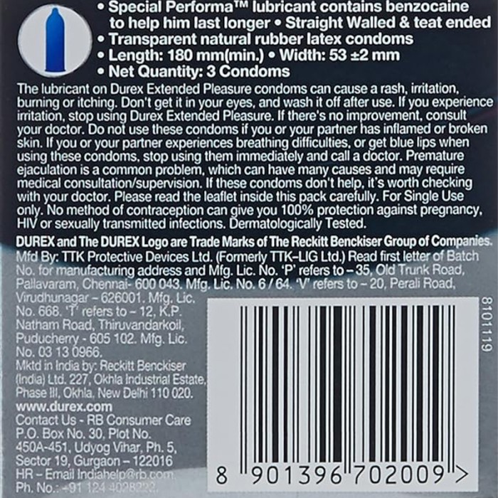 Durex Performa Delay Extended Pleasure Condom 3's LRC-169-0