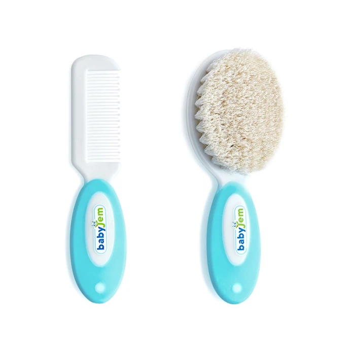 Babyjem 2-Piece Brush & Comb Set with Natural Bristle for Babies, Blue, 0 Months+