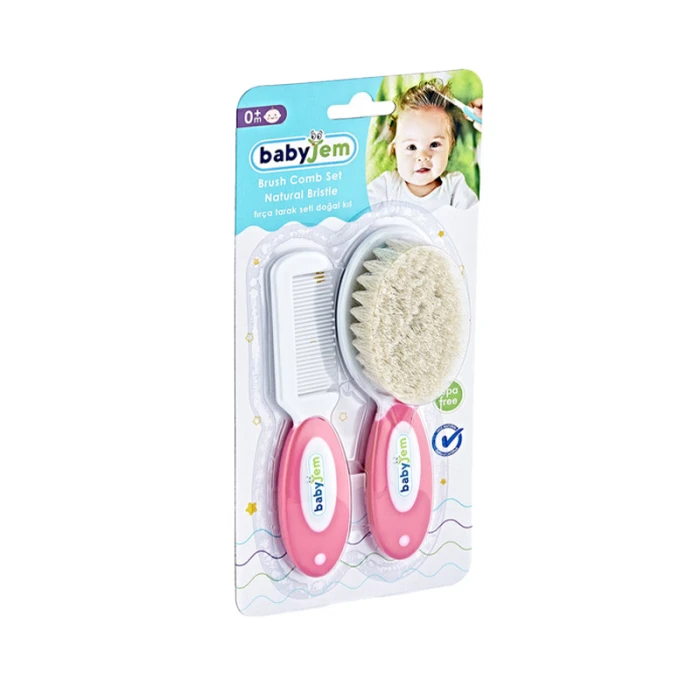 Babyjem 2-Piece Brush & Comb Set with Natural Bristle for Babies, Pink, 0 Months+