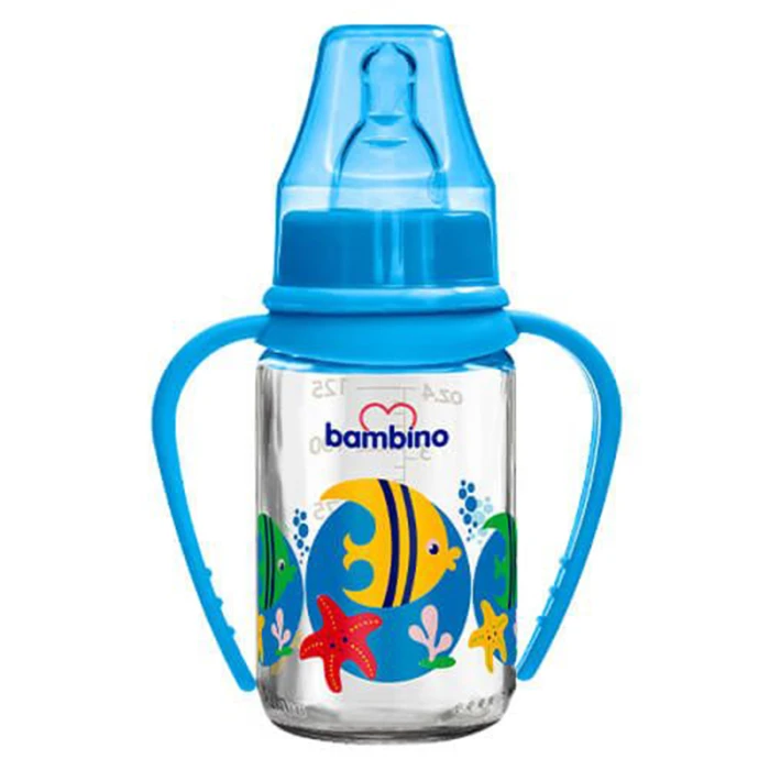 Bambino Classic Glass Feeding Bottle With Grip 125 ml Blue