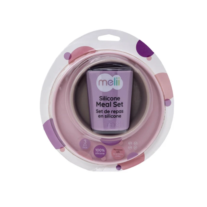Melii 3 Piece Silicone Meal Set - Plate, Bowl & Cup (Pink, Grey, Purple)
