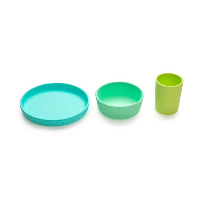 Melii 3 Piece Silicone Meal Set - Plate, Bowl & Cup (Turquoise, Green, Mint)