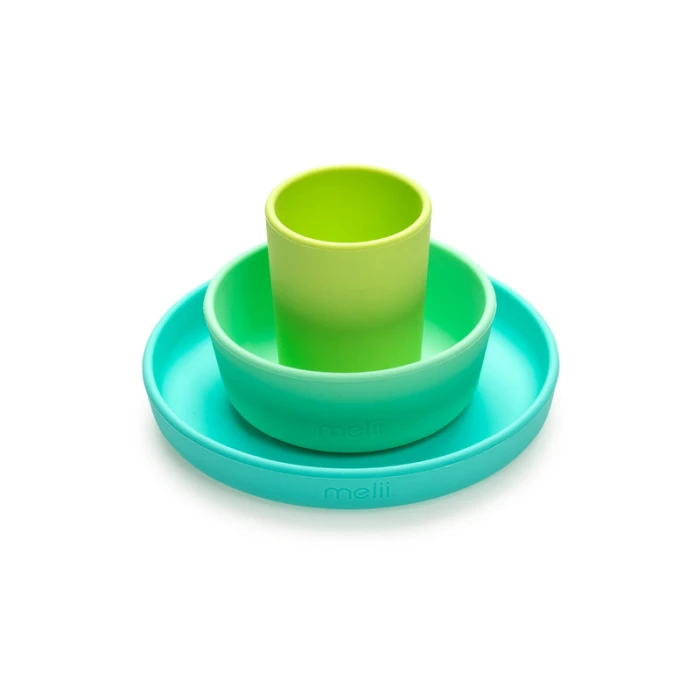 Melii 3 Piece Silicone Meal Set - Plate, Bowl & Cup (Turquoise, Green, Mint)