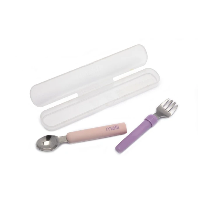 Melii Detachable Spoon & Fork With Carrying Case Pink & Purple