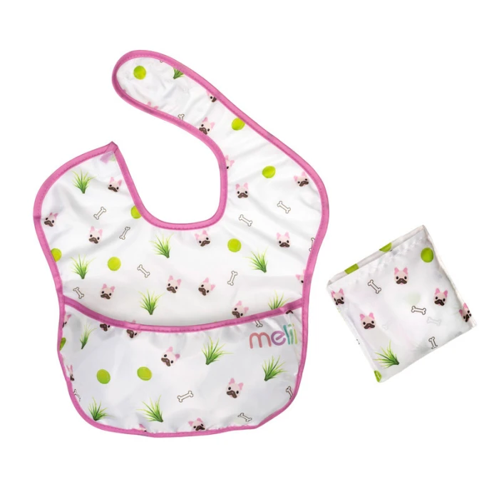 Melii Fold Up Bib With Scoop White & Pink Bulldog 2 pcs