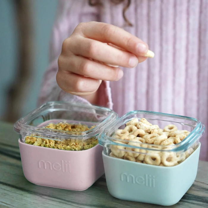 Melii Glass Food Storage Containers With Silicone Sleeve 160 ml Pack of 3 - Pink, Purple, Grey