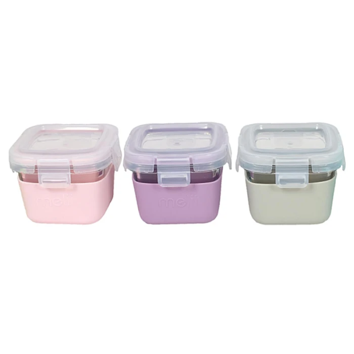 Melii Glass Food Storage Containers With Silicone Sleeve 160 ml Pack of 3 - Pink, Purple, Grey