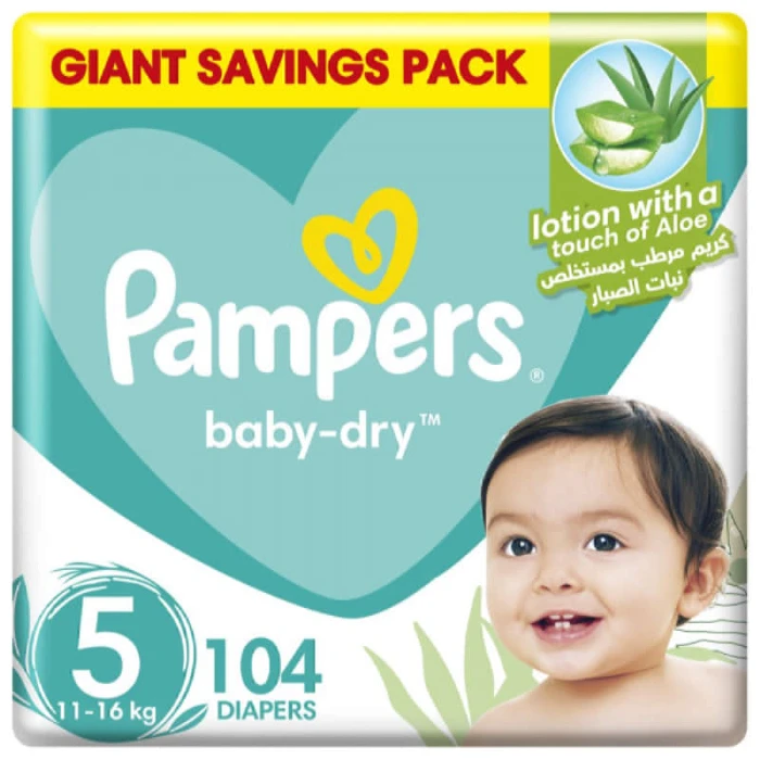 Pampers Baby-Dry Diapers, Size 5, 11-16Kg, Up To 100% Leakage Protection Over 12 Hours And Bigger, Wider Sides For Comfort, 104 Baby Diapers